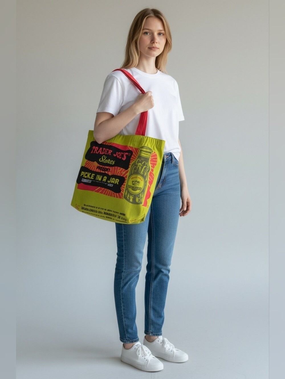 Trader Joe's Reusable Canvas Shopping Bag Pickles Print Grocery Eco Bag Used